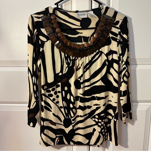 Chicos travelers size 0 animal print beaded 3/4 sleeves brown tan - Picture 1 of 7